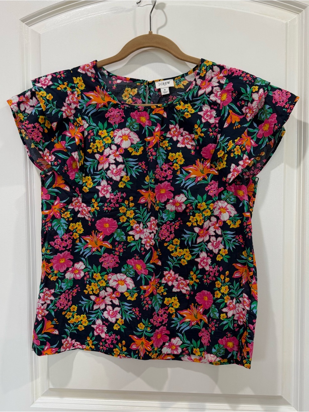 J. Crew Floral Flutter-Sleeve Blouse in Navy with Pink & Yellow Flowers